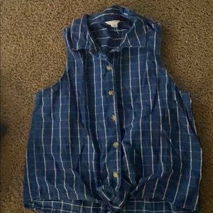 Blue plaid tank top with tie in front